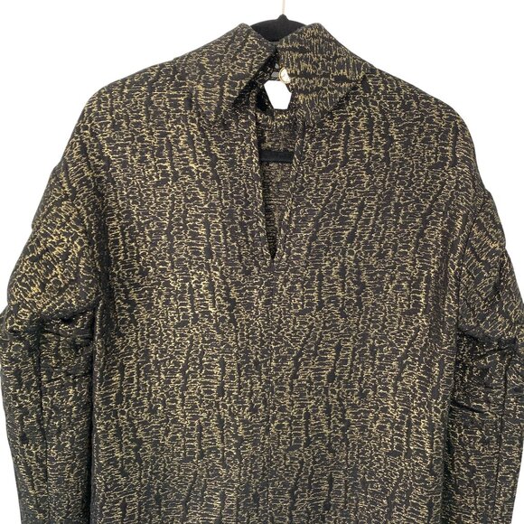 Mart Size 0 Metallic Gold Black Structured Mini Dress Lambskin Leather Trim Silk - Picture 9 of 13